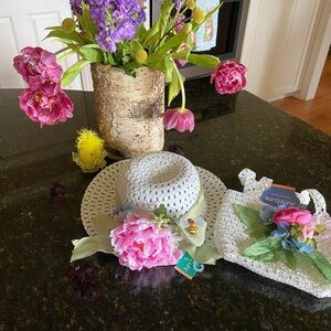 Girls White Woven Hat with Pink Flower & straw purse Easter/Spring